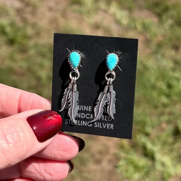 Native American Made Sterling Turquoise Feather Earrings - Picture 3 of 8